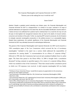 The Corporate Manslaughter and Corporate Homicide Act 2007 – Thirteen Years in the Making but Was It Worth the Wait?