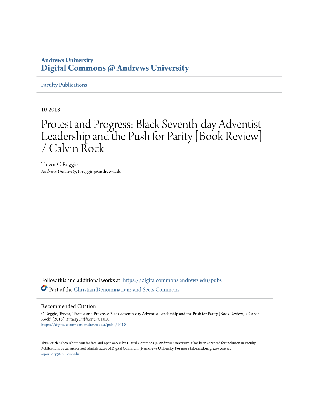 Black Seventh-Day Adventist Leadership and the Push for Parity [Book Review] / Calvin Rock Trevor O'reggio Andrews University, Toreggio@Andrews.Edu