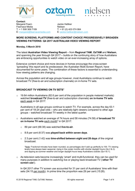 More Screens, Platforms and Content Choice Progressively Broaden Viewing Patterns: Q4 2017 Australian Video Viewing Report