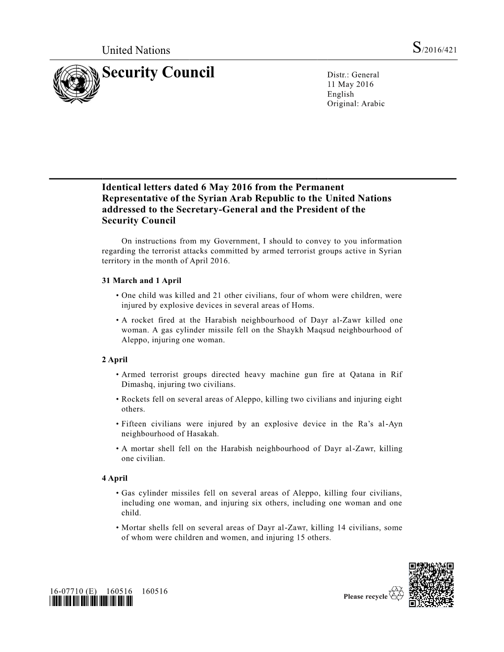 Security Council Distr.: General 11 May 2016 English Original: Arabic