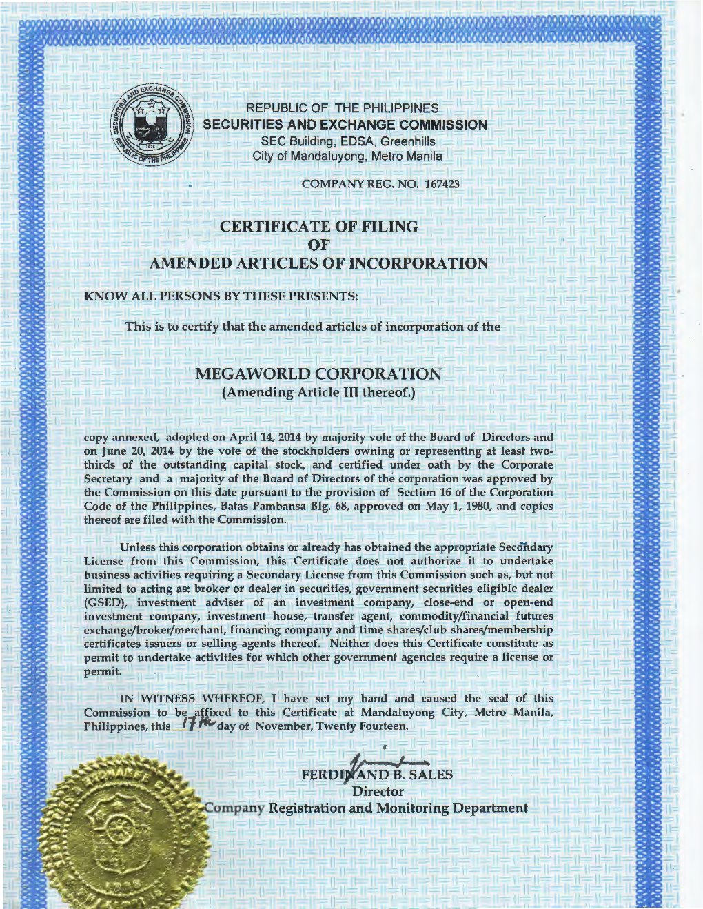 Certificate of Filing of Amended Articles of Incorporation - DocsLib