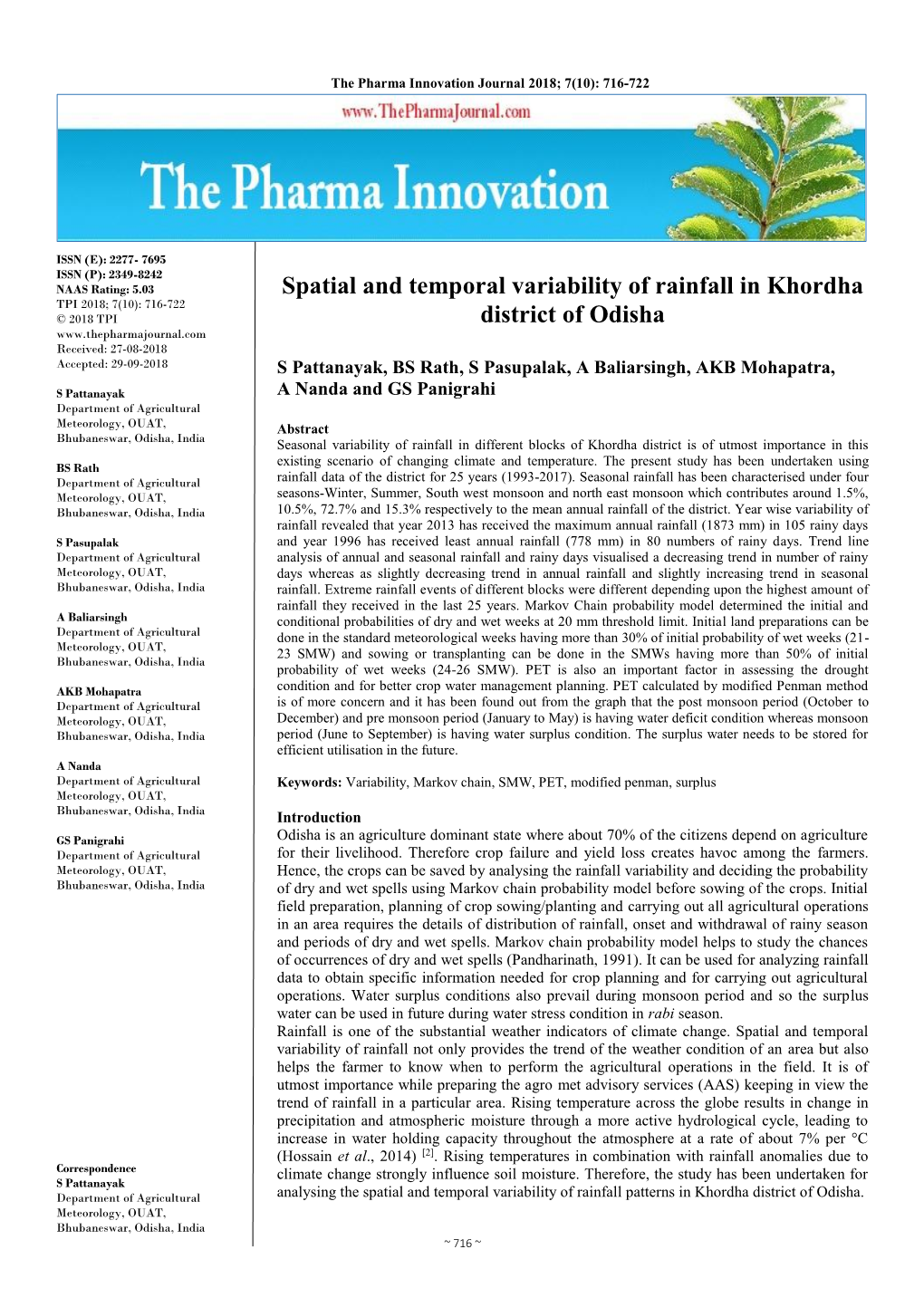 Spatial and Temporal Variability of Rainfall in Khordha District of Odisha