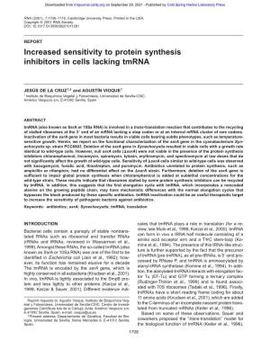 Increased Sensitivity to Protein Synthesis Inhibitors in Cells Lacking Tmrna