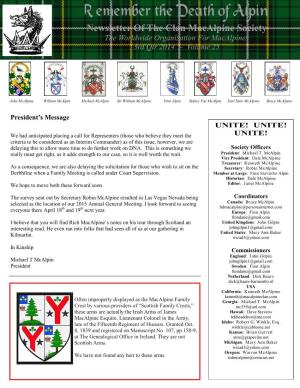 Newsletter of the Clan Macalpine Society the Worldwide Organization for Macalpines 3Rd Qtr 2014 ~ Volume 25