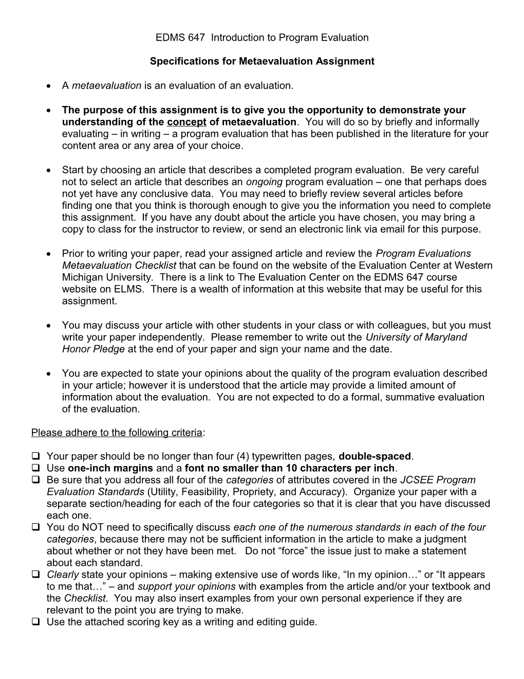 Specifications for Metaevaluation Assignment