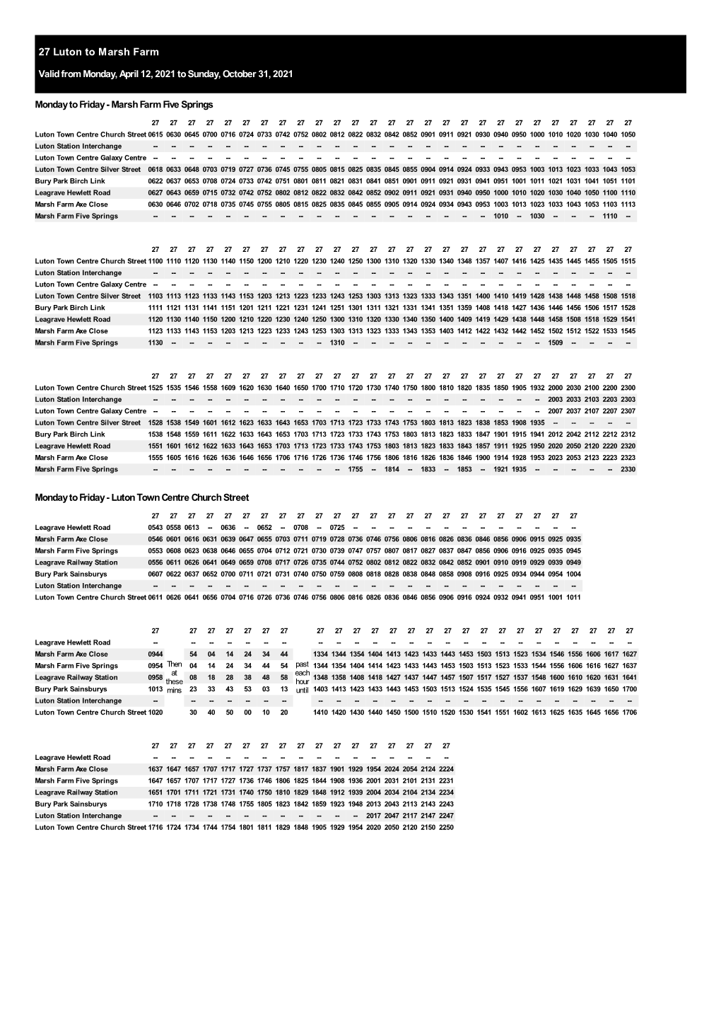 27 Luton to Marsh Farm Valid from Monday, April 12, 2021 to Sunday, October 31, 2021