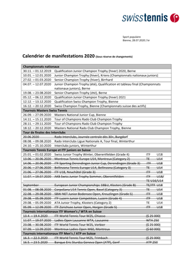 Calendrier De Manifestations 2020 (Sous Réserve De Changements)