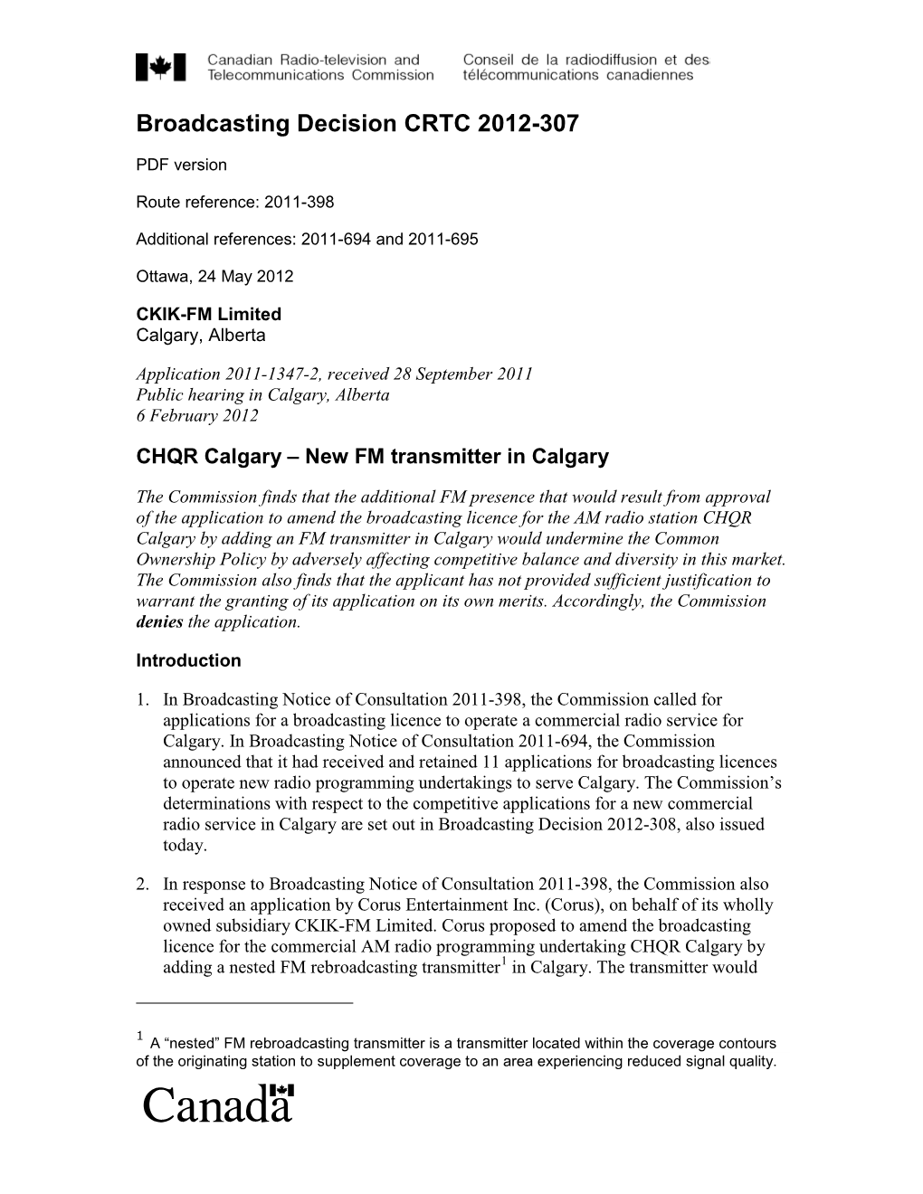 Broadcasting Decision CRTC 2012-307