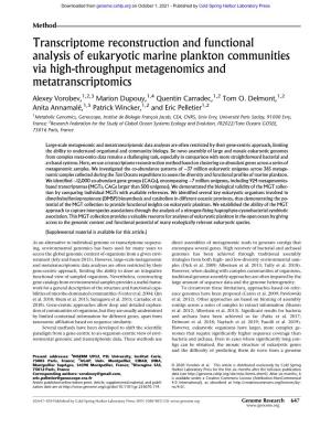 Transcriptome Reconstruction and Functional Analysis of Eukaryotic Marine Plankton Communities Via High-Throughput Metagenomics and Metatranscriptomics