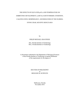 Dissertation Submitted to the Department of Biological Sciences of the Florida Institute of Technology in Partial Fulfillment of the Requirements for the Degree Of