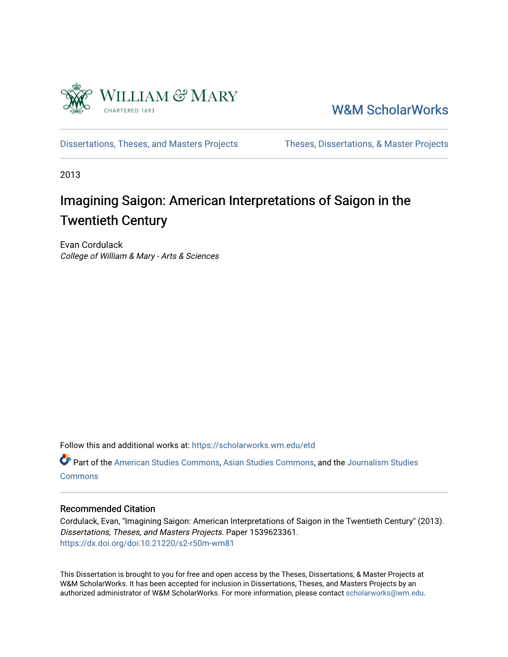 Imagining Saigon: American Interpretations of Saigon in the Twentieth Century