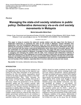 Deliberative Democracy Vis-A-Vis Civil Society Movements in Malaysia