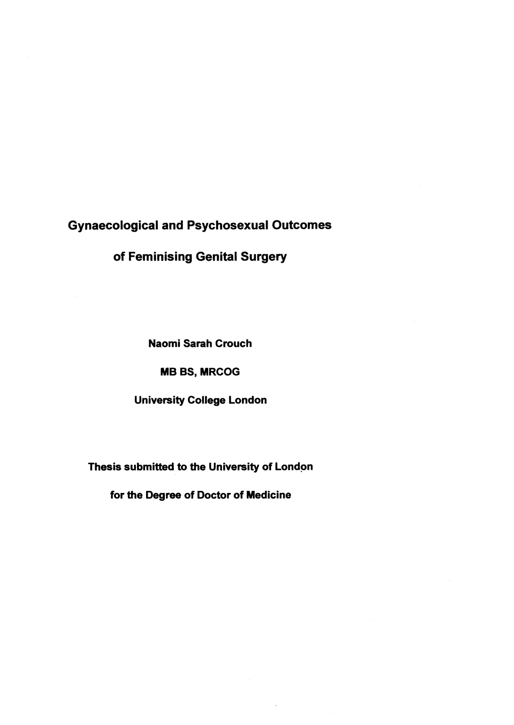 Gynaecological and Psychosexual Outcomes of Feminising Genital