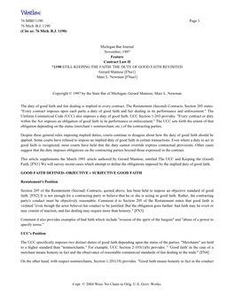 Michigan Bar Journal November, 1997 Feature Contract Law II *1190 STILL KEEPING the FAITH: the DUTY of GOOD FAITH REVISITED Gerard Mantese [Fna1] Marc L