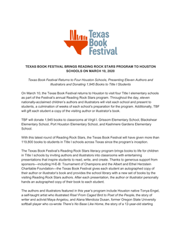 TEXAS BOOK FESTIVAL BRINGS READING ROCK STARS PROGRAM to HOUSTON SCHOOLS on MARCH 10, 2020 Texas Book Festival Returns to Four H