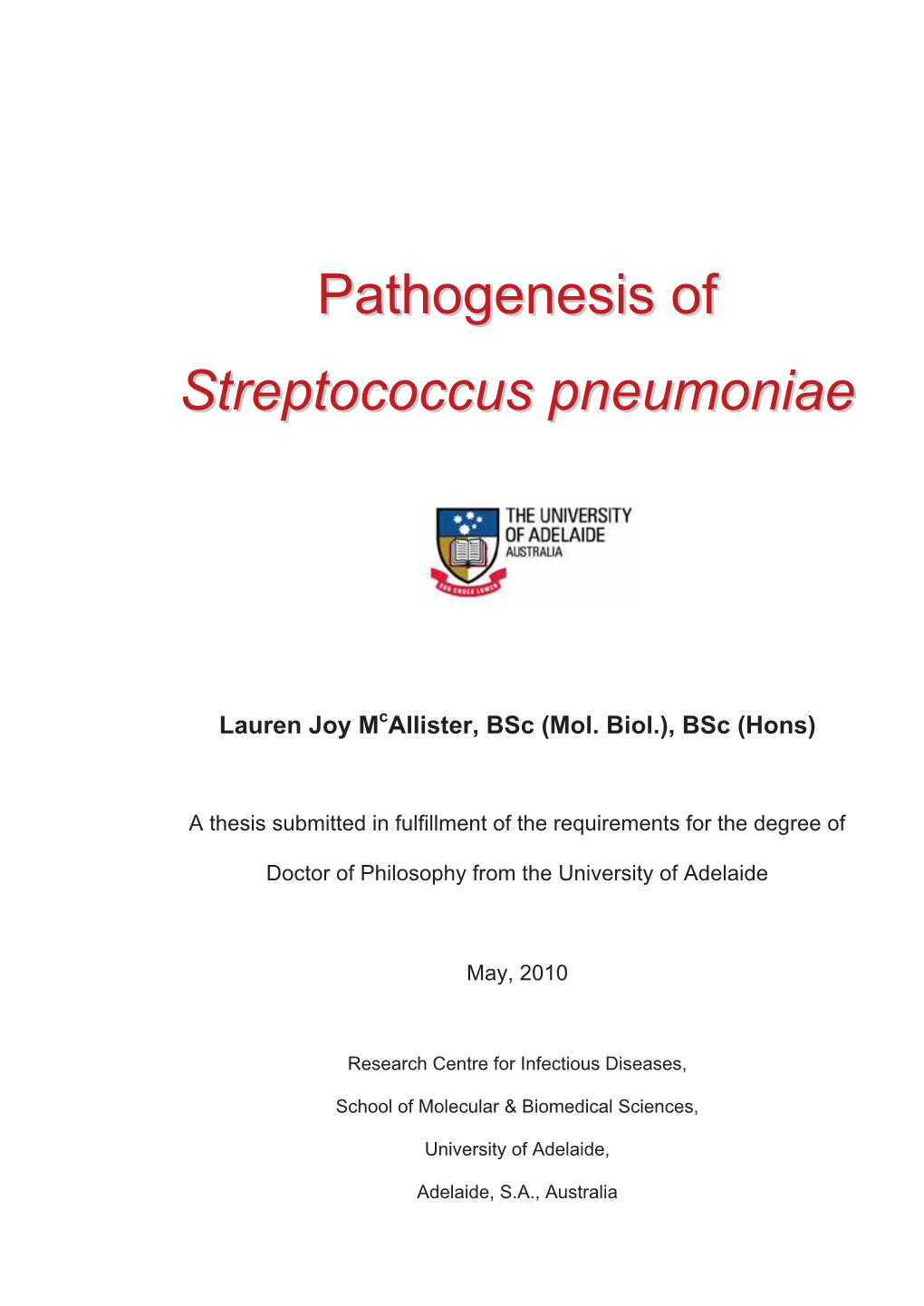 Pathogenesis of Streptococcus Pneumoniae