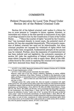 Federal Prosecution for Local Vote Fraud Under Section 241 of the Federal Criminal Code