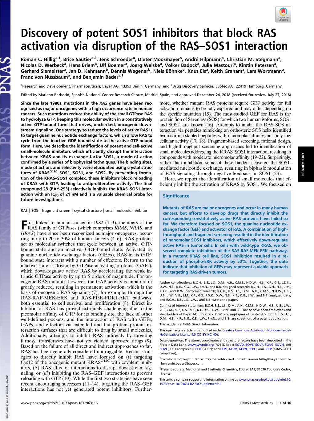 Discovery of Potent SOS1 Inhibitors That Block RAS Activation Via Disruption of the RAS–SOS1 Interaction