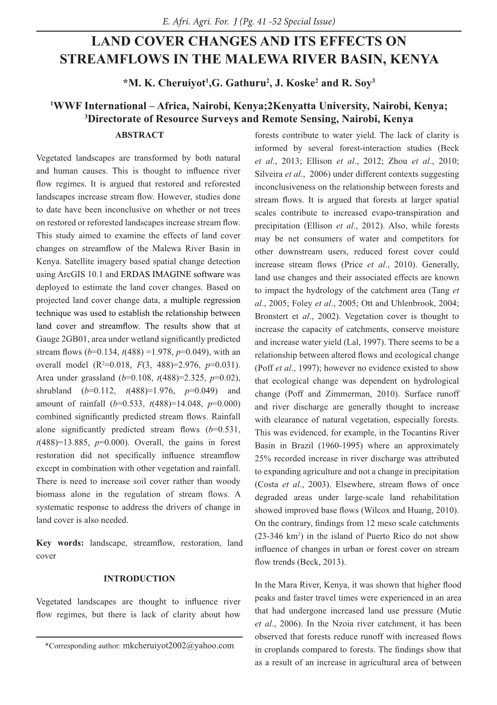 Land Cover Changes and Its Effects on Streamflow in the Malewa River