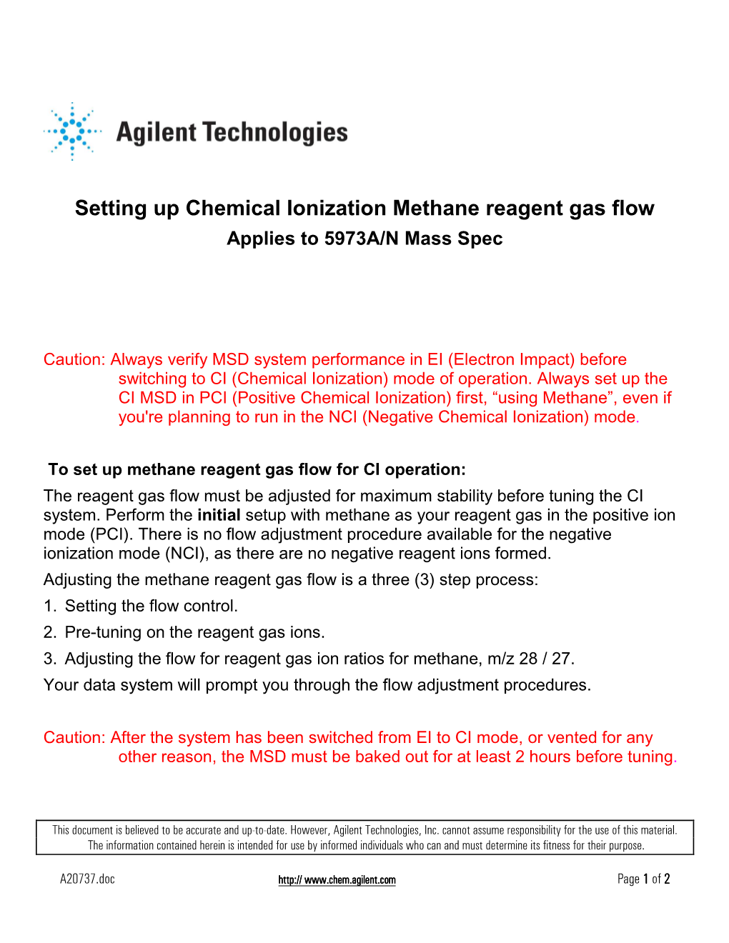 5973A/N Setting up Chemical Ionization Methane Reagent Gas Flow