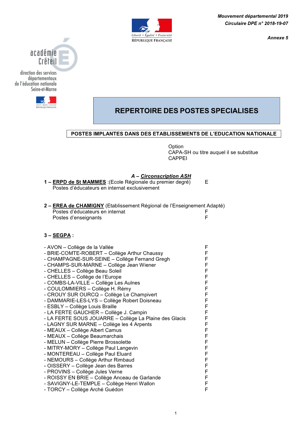 Annexe 5 Répertoire Des Postes Spécialisés