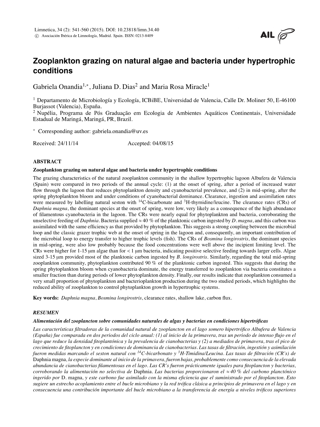 Zooplankton Grazing on Natural Algae and Bacteria Under Hypertrophic Conditions