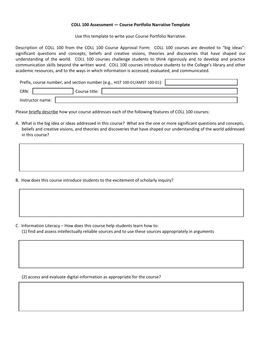 COLL 100 Assessment Course Portfolio Narrative Template