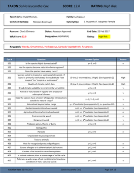 TAXON:Salvia Leucantha Cav. SCORE:12.0 RATING:High Risk