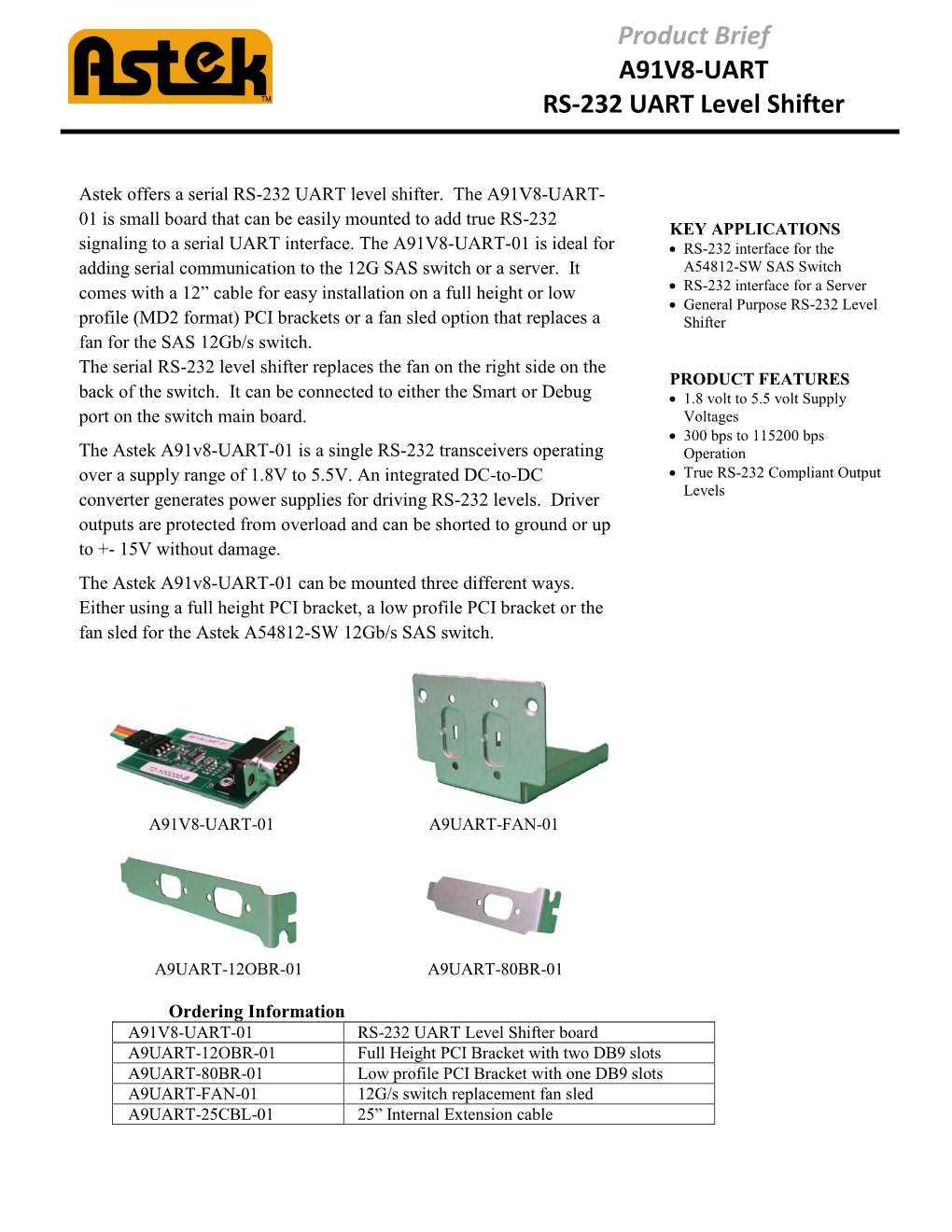 Product Brief A91V8-UART RS-232 UART Level Shifter