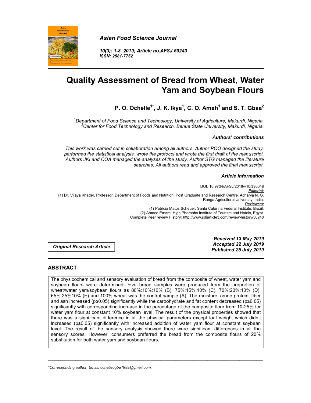 Quality Assessment of Bread from Wheat, Water Yam and Soybean Flours