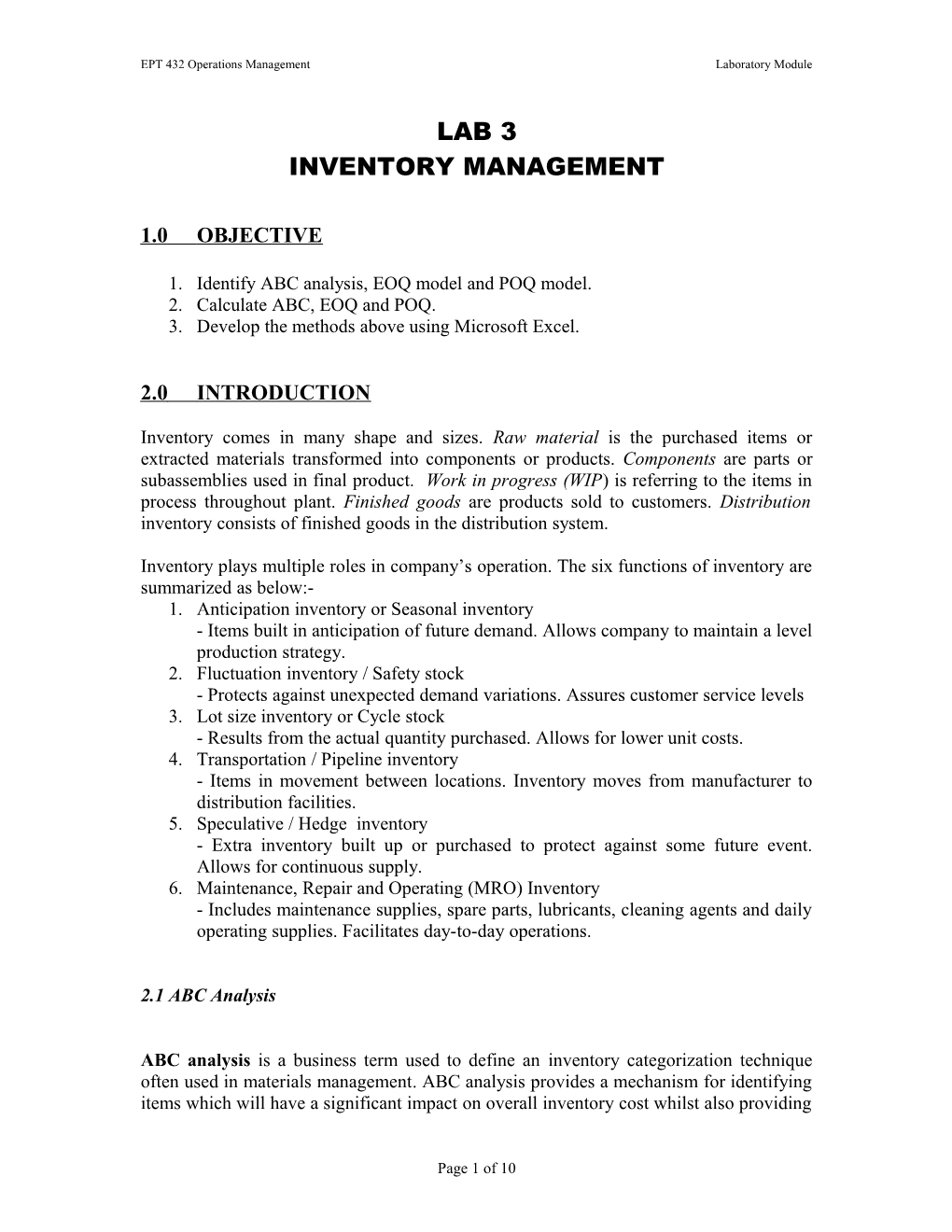 EPT 432 Operations Management Laboratory Module