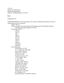 15/14/39 Liberal Arts and Sciences Mathematics Department Donald L. Burkholder Papers, 1947-2011 Box 1