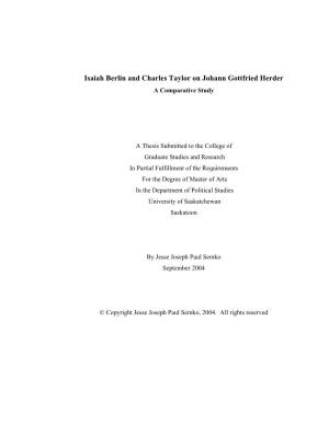 Isaiah Berlin and Charles Taylor on Johann Gottfried Herder a Comparative Study