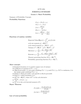 ACTS 4304 FORMULA SUMMARY Lesson 1: Basic Probability Summary of Probability Concepts Probability Functions