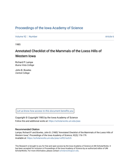 Annotated Checklist of the Mammals of the Loess Hills of Western Iowa