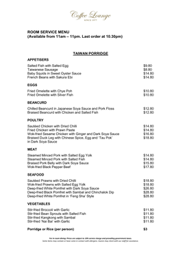 ROOM SERVICE MENU (Available from 11Am – 11Pm