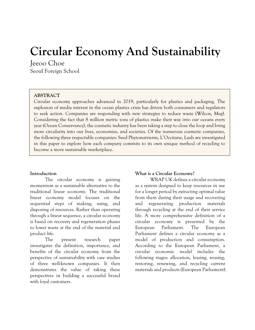 Circular Economy and Sustainability Jeeoo Choe Seoul Foreign School