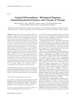 Atypical Fibroxanthoma - Histological Diagnosis, Immunohistochemical Markers and Concepts of Therapy
