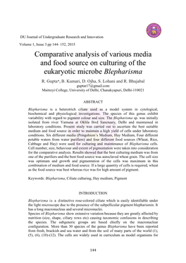 Comparative Analysis of Various Media and Food Source on Culturing of the Eukaryotic Microbe Blepharisma