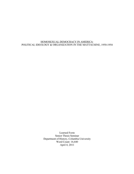 Homosexual Democracy in America: Political Ideology & Organization in the Mattachine, 1950-1954