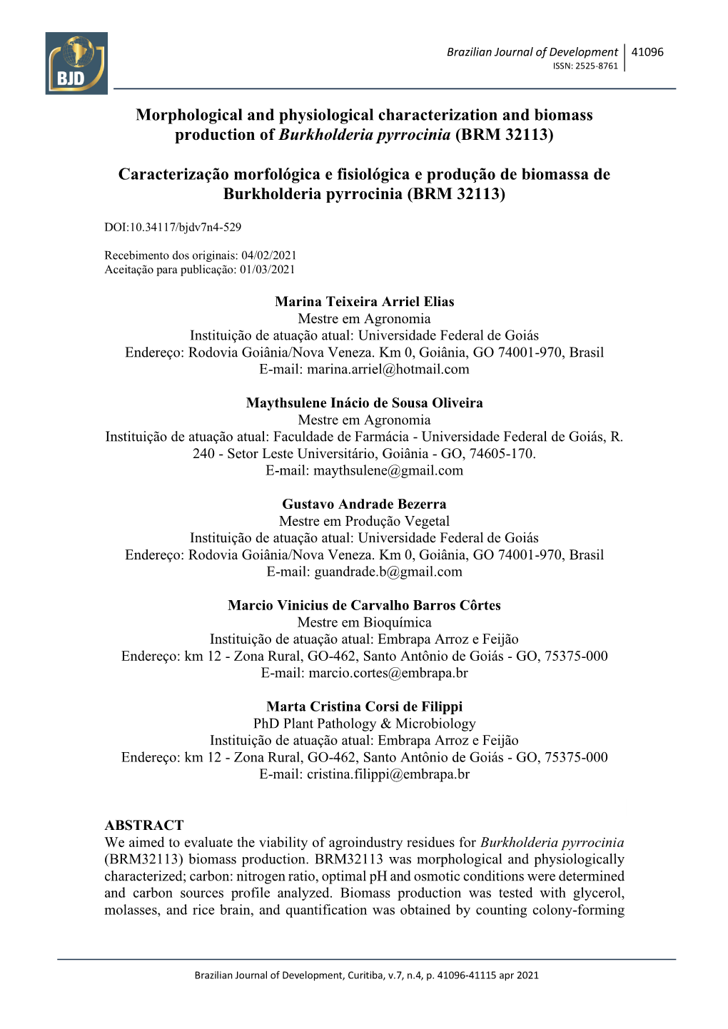 Morphological and Physiological Characterization and Biomass Production of Burkholderia Pyrrocinia (BRM 32113)