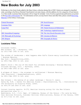 New Books 7-03 New Books for July 2003
