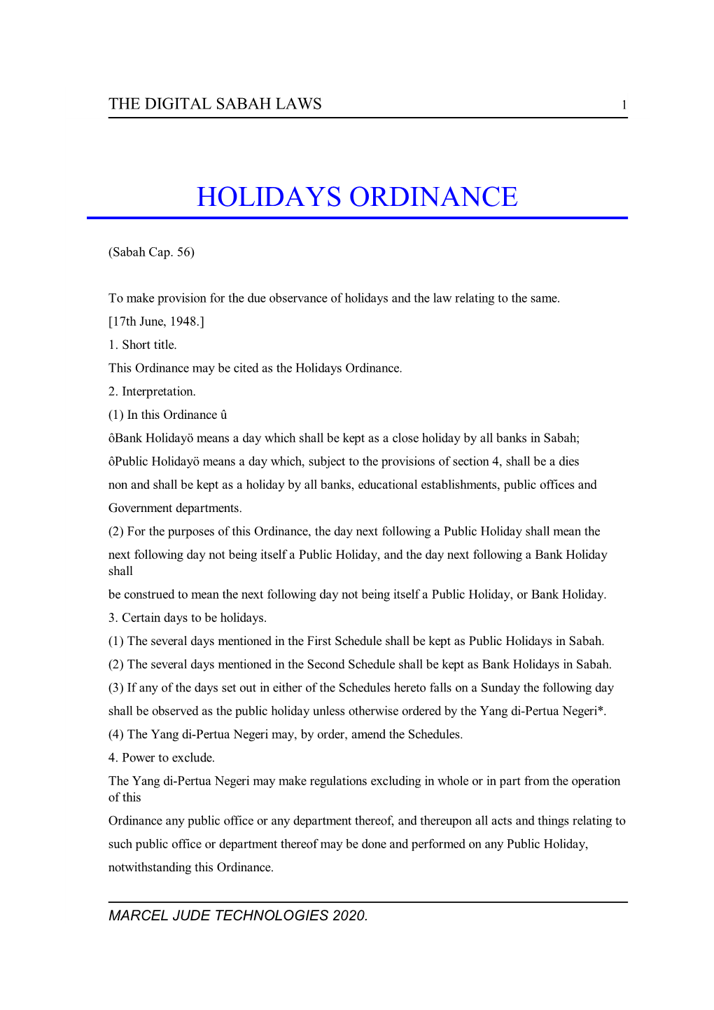 Holidays Ordinance