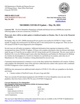 NH DHHS COVID-19 Update – May 30, 2021