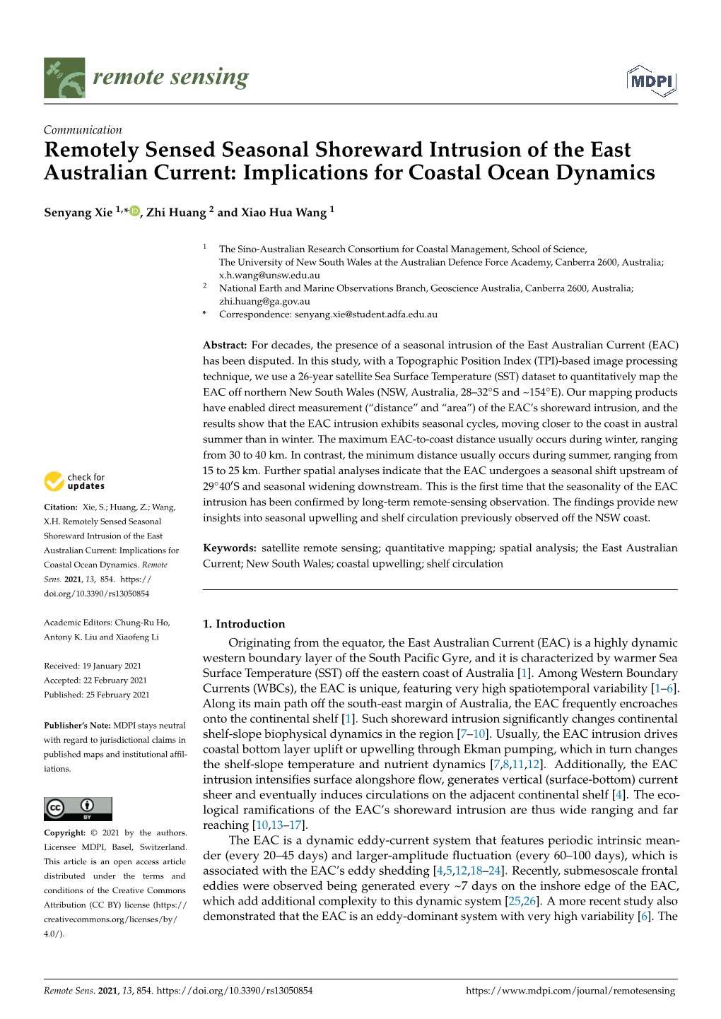 Remotely Sensed Seasonal Shoreward Intrusion of the East Australian Current: Implications for Coastal Ocean Dynamics