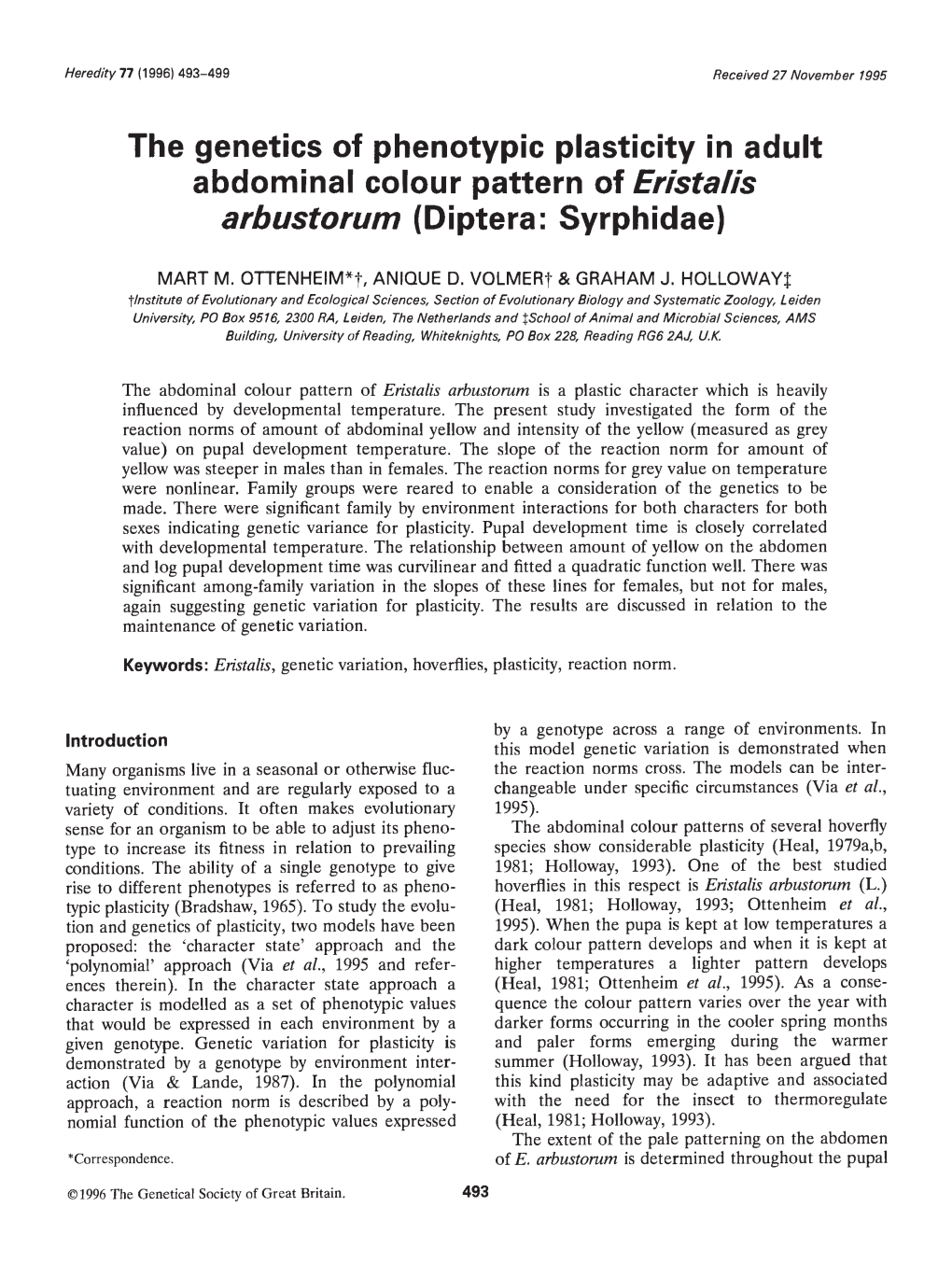 The Genetics of Phenotypic Plasticity in Adult Abdominal Colour Pattern of Eristalls Arbustorum (Diptera: Syrphidae)