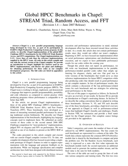 Global HPCC Benchmarks in Chapel: STREAM Triad, Random Access, and FFT (Revision 1.4 — June 2007 Release)