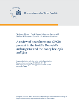 A Review of Neurohormone Gpcrs Present in the Fruitfly Drosophila Melanogaster and the Honey Bee Apis Mellifera