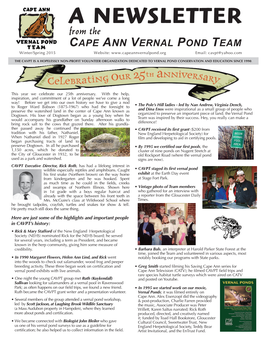 A NEWSLETTER from the CAPE ANN VERNAL POND TEAM Winter/Spring 2015 Website: Email: Cavpt@Yahoo.Com
