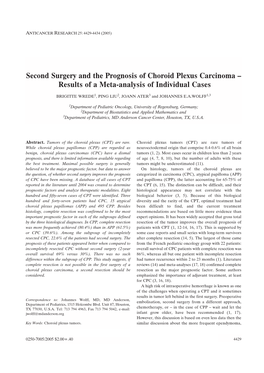 Second Surgery and the Prognosis of Choroid Plexus Carcinoma – Results of a Meta-Analysis of Individual Cases